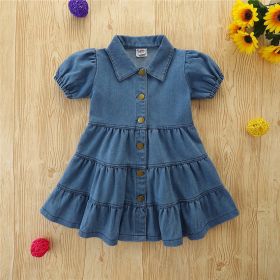 Baby Bubble Sleeves Cute Denim Skirt (Option: Dark Blue-100cm)