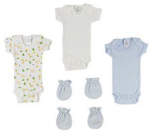 Preemie Onezies and Mittens - 5 Pcs Set (Color: Blue, size: Preemie)