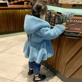 Girls' Personalized Hooded Imitation Fur Rabbit Fur Thickened Warm Coat (Option: Blue-90cm)