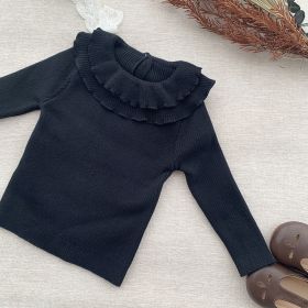 Girls' Lotus Leaf Bottoming Sweater Sunken Stripe High Elastic Sweater (Option: Black-73CM)