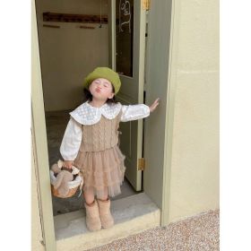 Autumn And Winter New Korean Style Girls' Ribbon Knitted Vest (Option: Khaki-80cm)