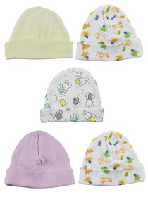 Girls Baby Cap (Pack of 5) (Color: Yellow/Pink/Print, size: One Size)