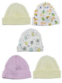 Girls Baby Cap (Pack of 5) (Color: Yellow/Pink/Print, size: One Size)