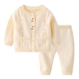 Children's Casual Knitted Cotton Yarn Cardigan Top Pants Suit (Option: Beige-73cm)