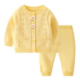 Children's Casual Knitted Cotton Yarn Cardigan Top Pants Suit (Option: Yellow-66cm)