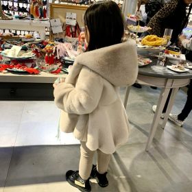 Girls' Personalized Hooded Imitation Fur Rabbit Fur Thickened Warm Coat (Option: Apricot-90cm)