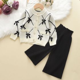 Girls' Bowknot Sweater Cardigan Wool Knitted Wide-leg Pants Two-piece Set (Option: White-90)