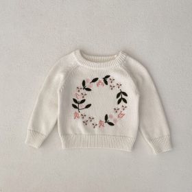 Girl's Knitted Shirt Flower Embroidered Pullover Top (Option: Beige-66cm)