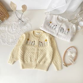 Girls' Embroidered Cardigan Sweater Embroidered Twisted String Coat (Option: Light Yellow-73CM)