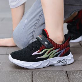 Kids Flying Woven Mesh Casual Shoes Sneakers Student Spring Summer Autumn New Fashion Boy Girl Light Breathable Middle Big Child (Color: Black red, size: 32)