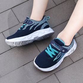 Kids Flying Woven Mesh Casual Shoes Sneakers Student Spring Summer Autumn New Fashion Boy Girl Light Breathable Middle Big Child (Color: Black blue, size: 34)