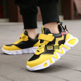 Boys Casual Outdoor Walking Tennis Sneakers Children Breathable Height Increasing Trainers Kids Waterproof Leather Running Shoes (Color: Yellow Black, size: 31)