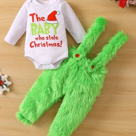 Adorable Baby Christmas Outfit - Funny Graphic Crew Neck Long Sleeve Romper + Green Fuzzy Suspender Pants Clothes Set (Color: Grass Green)