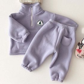 Baby Solid Color Stand Collar Autumn Winter Thermal Hoodies Sets (Color: Purple, Size/Age: 100 (2-3Y))