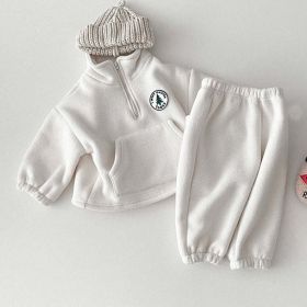 Baby Solid Color Stand Collar Autumn Winter Thermal Hoodies Sets (Color: White, Size/Age: 100 (2-3Y))