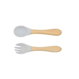 Baby Food Grade Wooden Handles Silicone Spoon Fork Cutlery (Size/Age: Average Size (0-8Y))