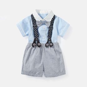 Baby Boy Solid Color Single Breasted Design Onesies With Bow Tie Combo Striped Overalls Shorts Sets (Size/Age: 59 (0-3M))