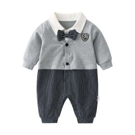 Baby Boy Badge Patched Pattern Striped Contrast Design Snap Button Front Bow Tie Rompers (Size/Age: 80 (9-12M))