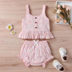 Baby Girl Floral Print Ruffle Hem Design Tops Combo Shorts Sets (Color: pink, Size/Age: 100 (2-3Y))