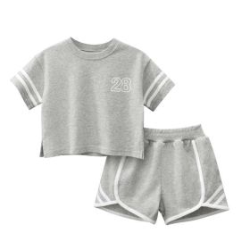 Baby Striped Sleeves Design T-Shirt Combo Shorts Sport Pieces Sets (Color: grey, Size/Age: 110 (3-5Y))