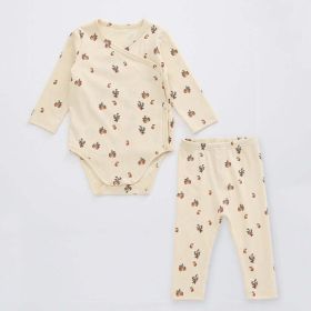 Baby Floral Print Pattern Side Buckle Design Cute Thin Style Air Conditional Clothes Sets (Color: brown, Size/Age: 90 (12-24M))