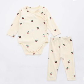 Baby Floral Print Pattern Side Buckle Design Cute Thin Style Air Conditional Clothes Sets (Color: Red, Size/Age: 80 (9-12M))