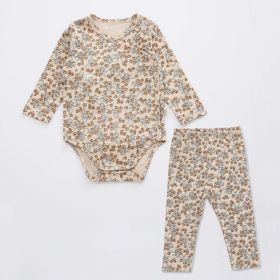 Baby Floral Print Pattern Side Buckle Design Cute Thin Style Air Conditional Clothes Sets (Color: Black, Size/Age: 73 (6-9M))