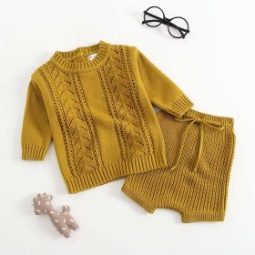 Baby Solid Color Hollow Carved Design Knitwear Sets (Color: yellow, Size/Age: 90 (12-24M))