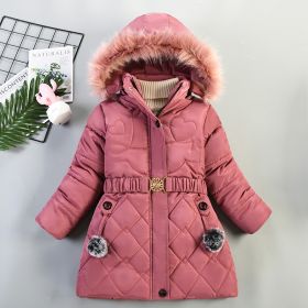 Children's Heart-shaped Rhombus Pattern Cotton-padded Coat Fur Collar Hat Coat (Option: Rose Red-120cm)