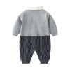 Baby Boy Badge Patched Pattern Striped Contrast Design Snap Button Front Bow Tie Rompers