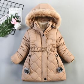 Children's Heart-shaped Rhombus Pattern Cotton-padded Coat Fur Collar Hat Coat (Option: Light Brown-110cm)