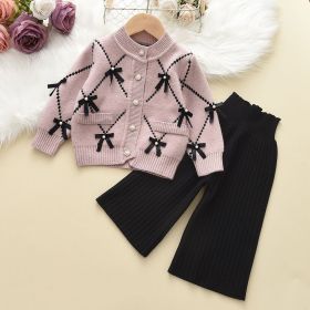 Girls' Bowknot Sweater Cardigan Wool Knitted Wide-leg Pants Two-piece Set (Option: Pink-100)