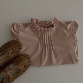 Girls' Lace Puff Sleeve Bottoming Shirt (Option: Orange Pink-90cm)