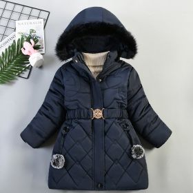 Children's Heart-shaped Rhombus Pattern Cotton-padded Coat Fur Collar Hat Coat (Option: Dark Blue-120cm)