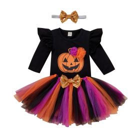 Girls' Halloween Black Romper Printed Smiley Face Pumpkin Mesh Skirt Three-piece Set (Option: Black-90cm)